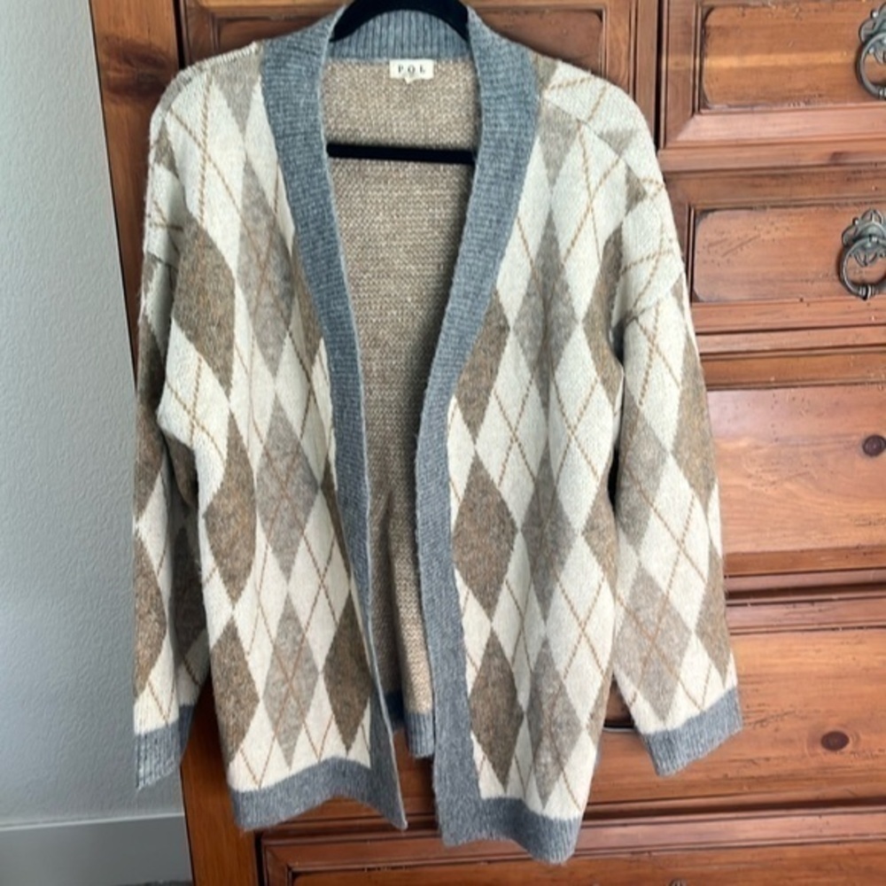 POL Women’s Tan And Gray Argyle Cardigan Size Small NWOT